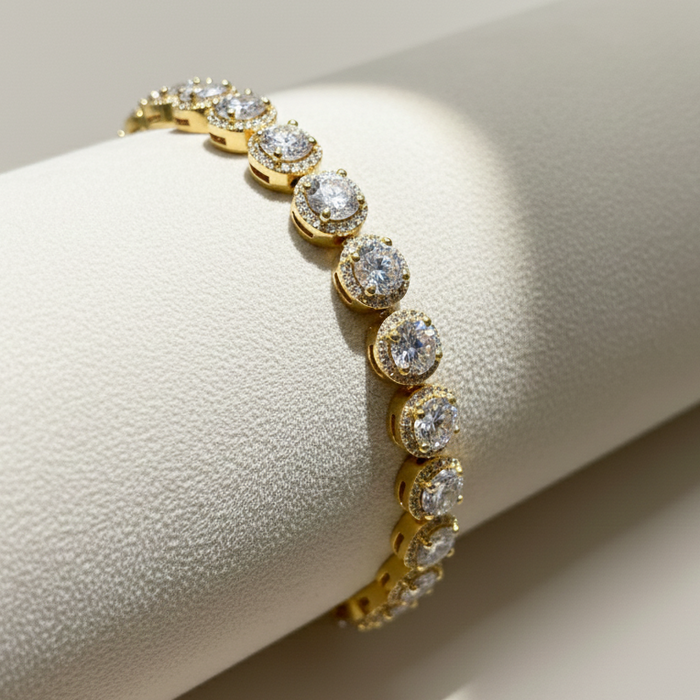Bracelet de tennis rond serti d'un halo de zirconiums cubiques, plaqué or 925