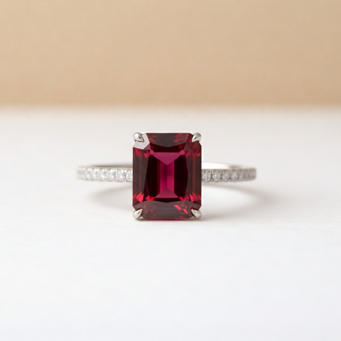 Bague grenat et diamants taille émeraude