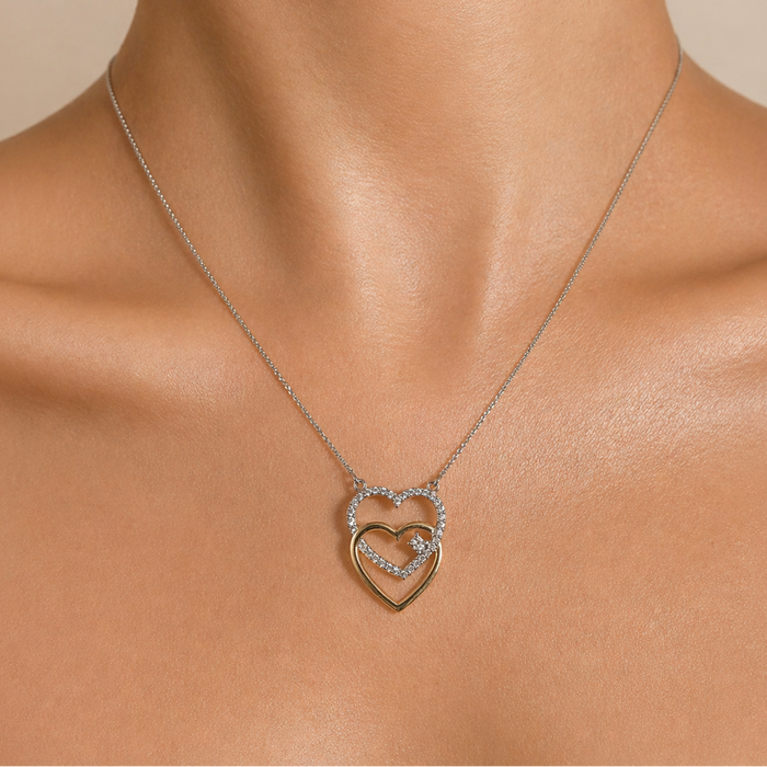Collier Double Cœur Diamant Bicolore 14K