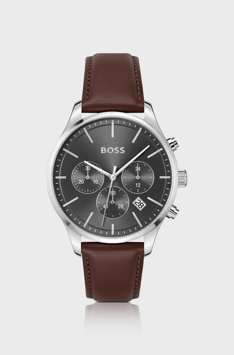 Montre chronographe en acier inoxydable avec bracelet en cuir surpiqué | Boss