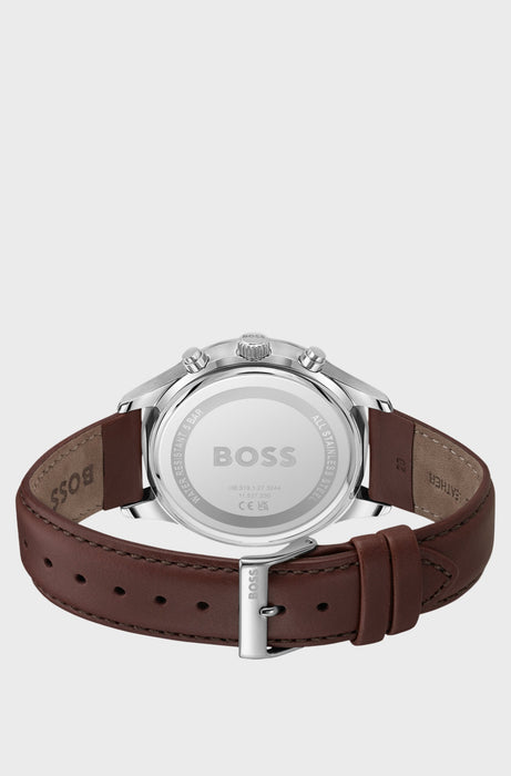 Montre chronographe en acier inoxydable avec bracelet en cuir surpiqué | Boss