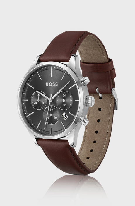 Montre chronographe en acier inoxydable avec bracelet en cuir surpiqué | Boss