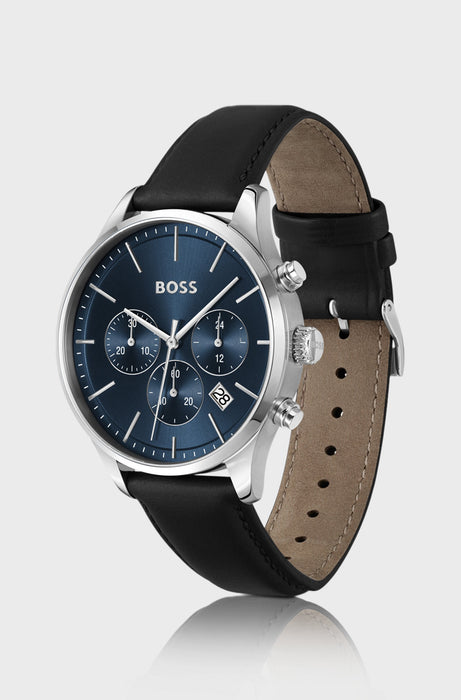 Montre chronographe à bracelet en cuir et cadran bleu | Boss