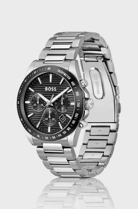 Montre chronographe Strike à cadran noir avec bracelet à maillons en H | Boss